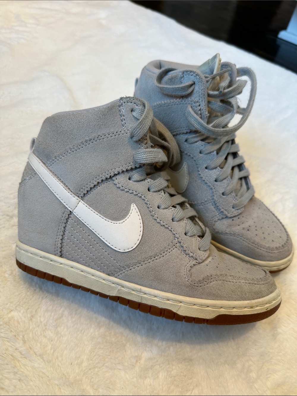 Nike Gray Suede Sky High Top Wedges with White Swoosh women’s 6